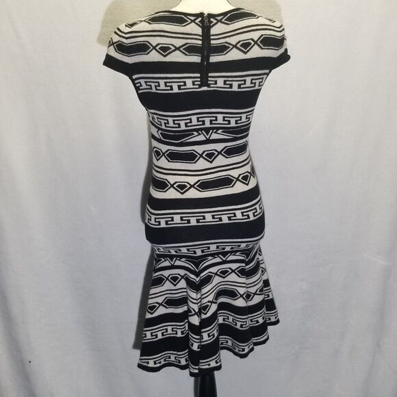 ALICE & OLIVIA Dress Sz S Black Ivory Sweater Stripe Darby Knit Aztec Drop Waist - Picture 5 of 10